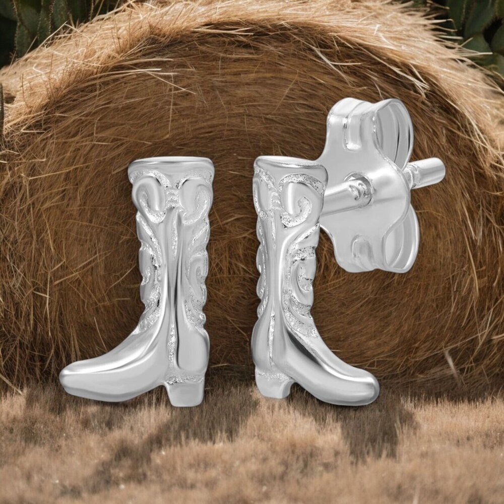NEW 925 Sterling Silver Western Country Cowboy Boot Small Stud Earrings